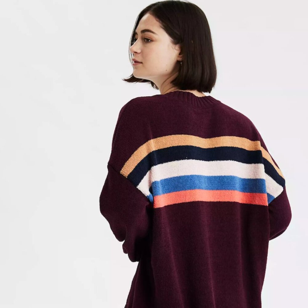 American Eagle XS S Burgundy Striped Soft Chenille Fuzzy Knit Pullover Sweater